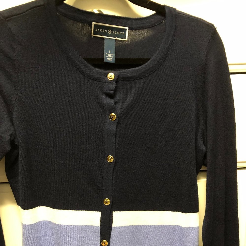Karen Scott cardigan sweater, size small, navy/blue/white
